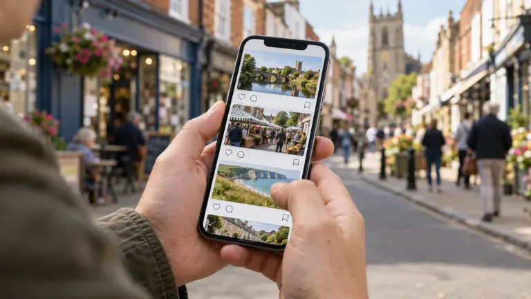 A hand holding a phone and scrolling a social feed, with a town high street behind