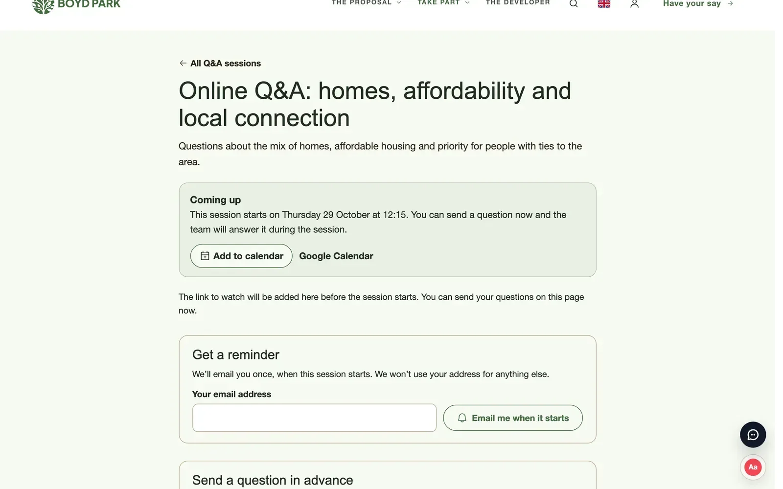An upcoming online Q&A session on the Boyd Park demo website, with its date, an Add to calendar button and a reminder sign-up
