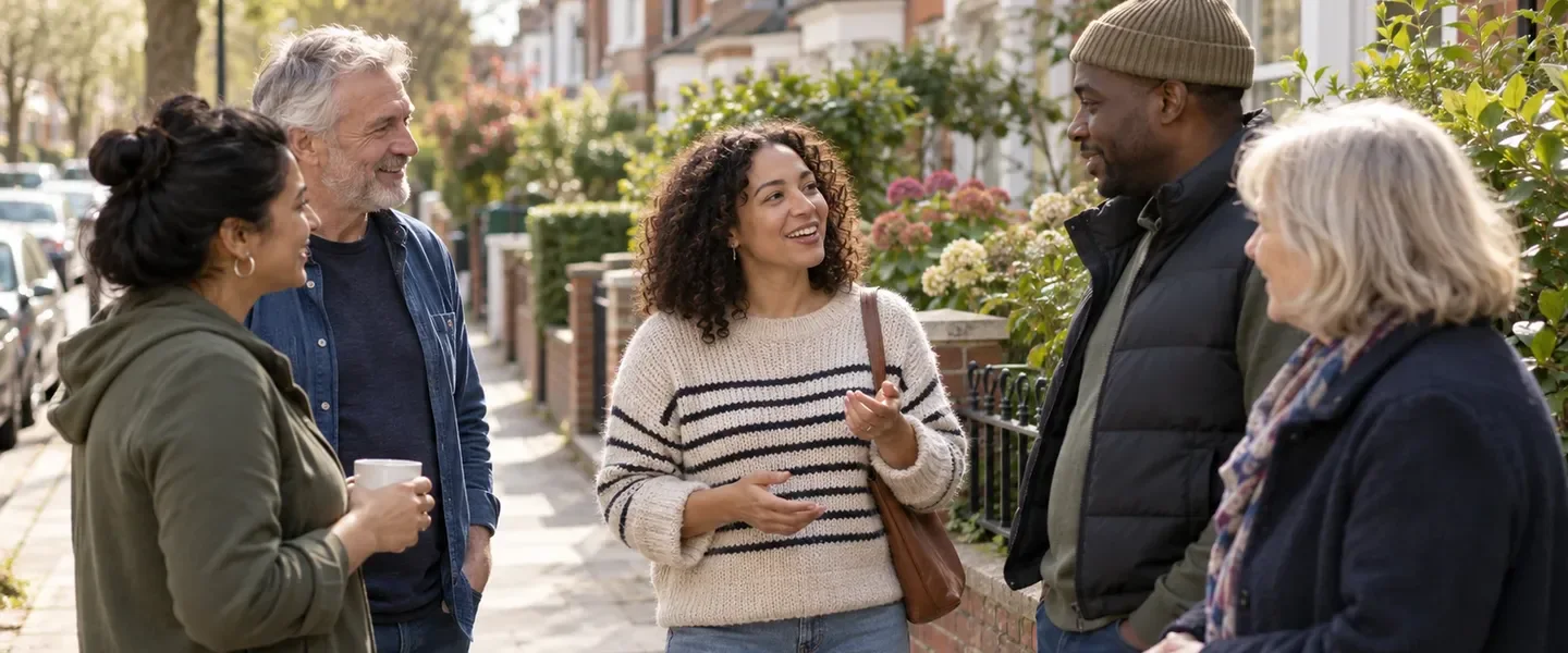 A group of neighbours chatting on a residential street