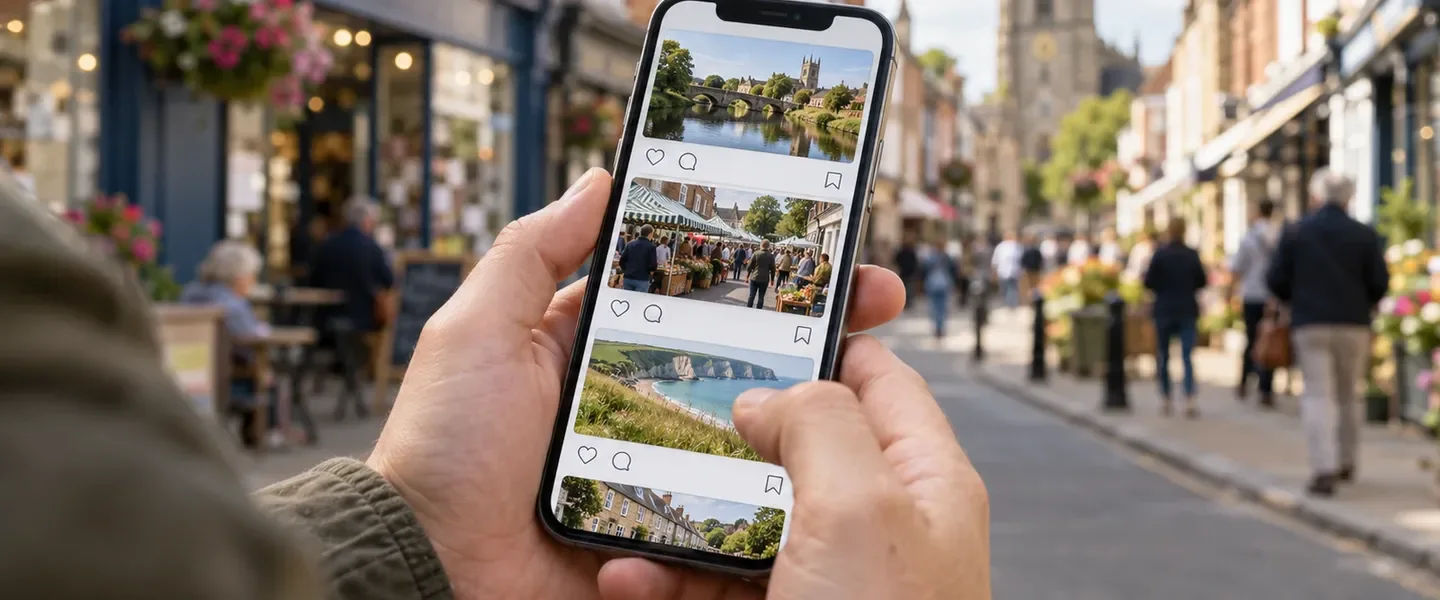 A hand holding a phone and scrolling a social feed, with a town high street behind