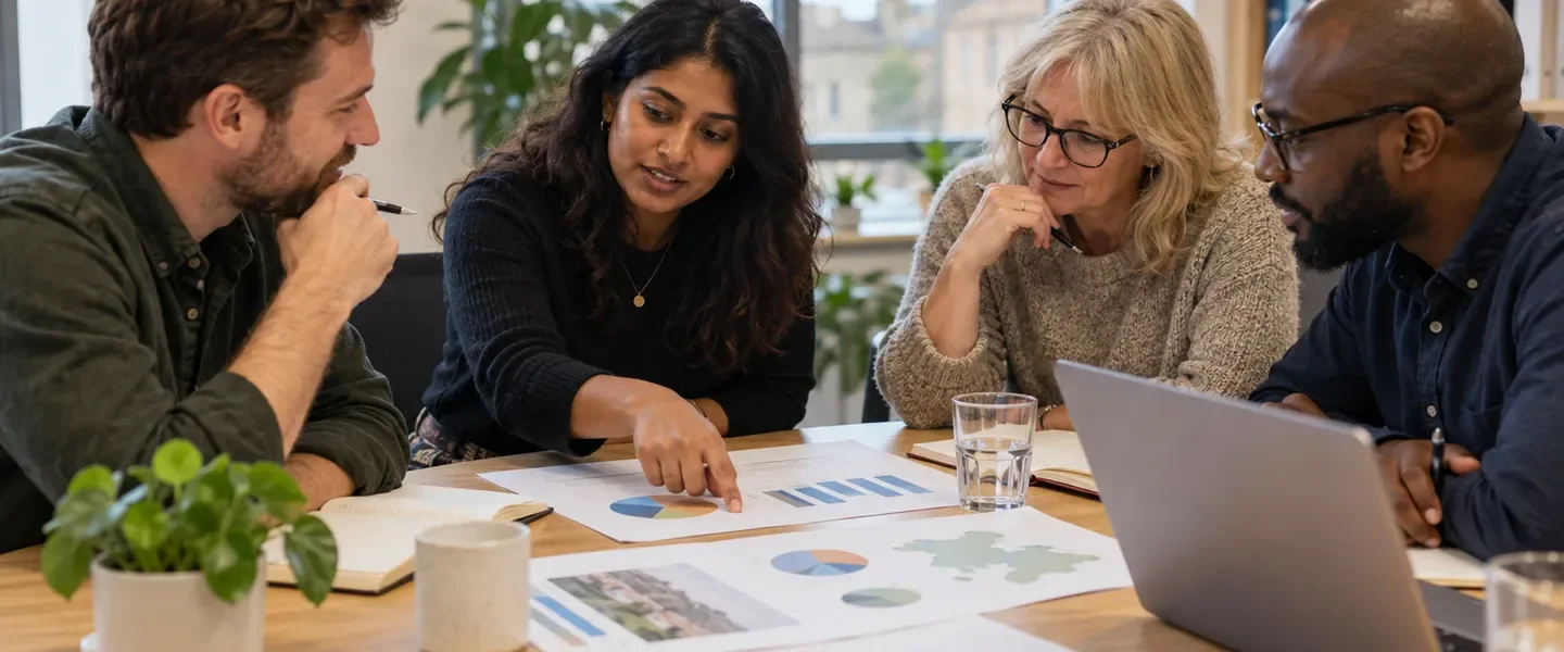 A project team at a meeting table with a printed consultation report and a laptop