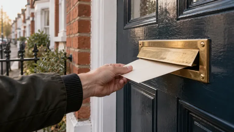 A letter being pushed through the letterbox of a British terraced house