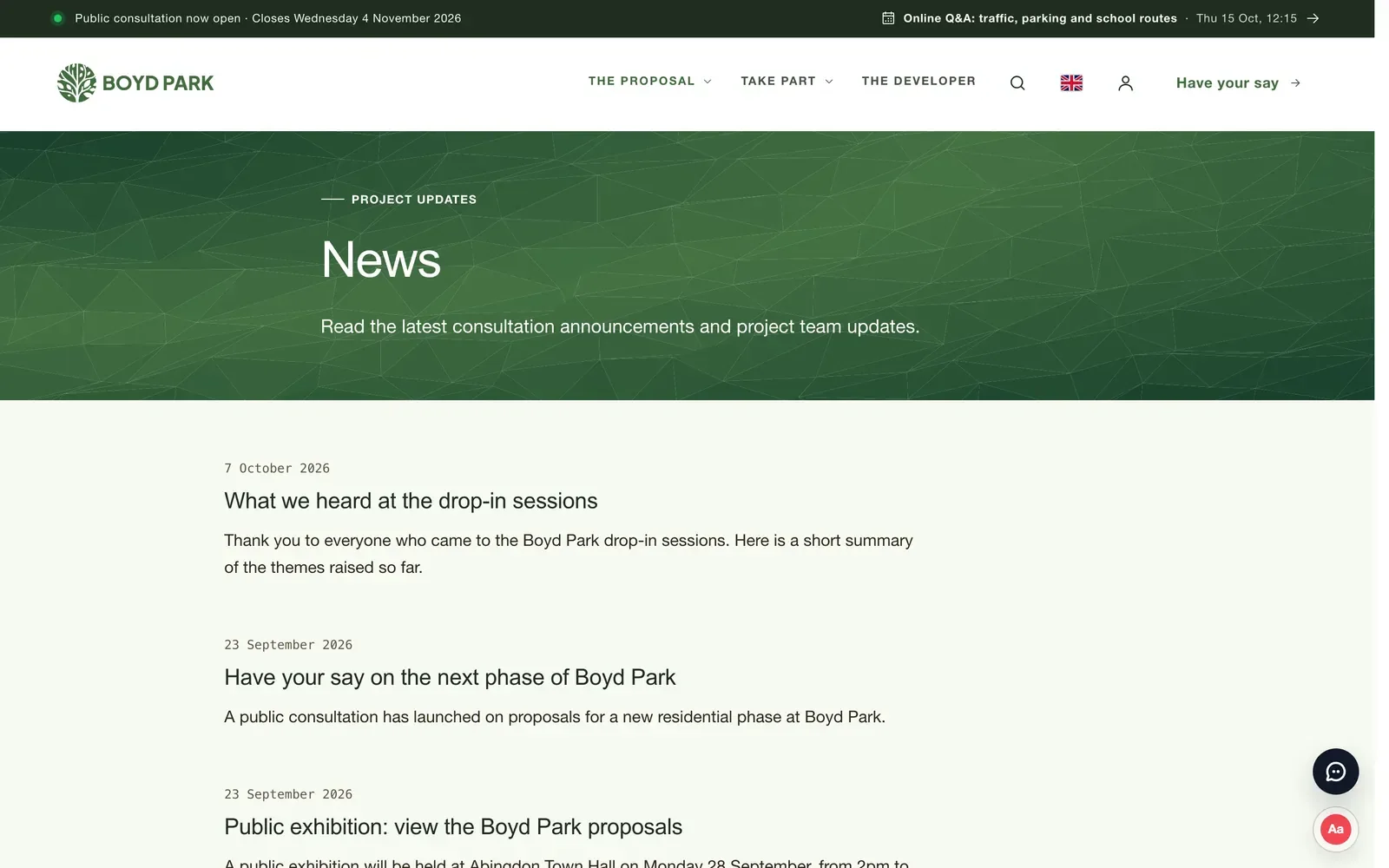 The News page on the Boyd Park demo website, listing recent project updates