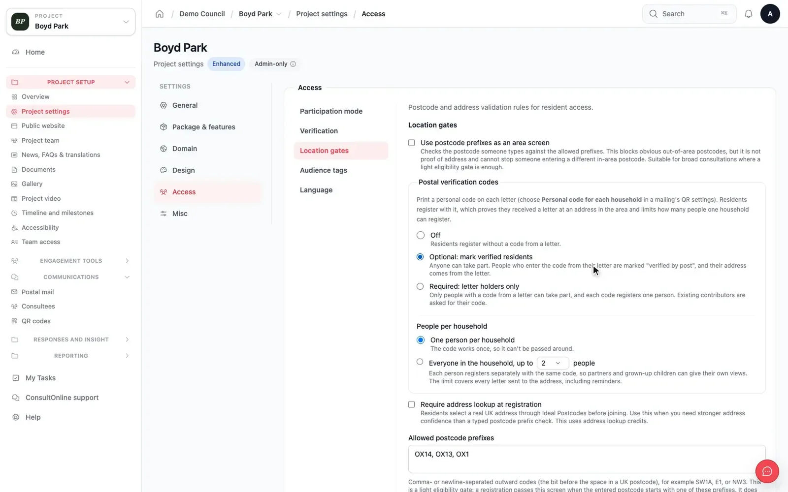 Postal verification code settings, with options to mark verified residents or require a letter code and how many people per household can register